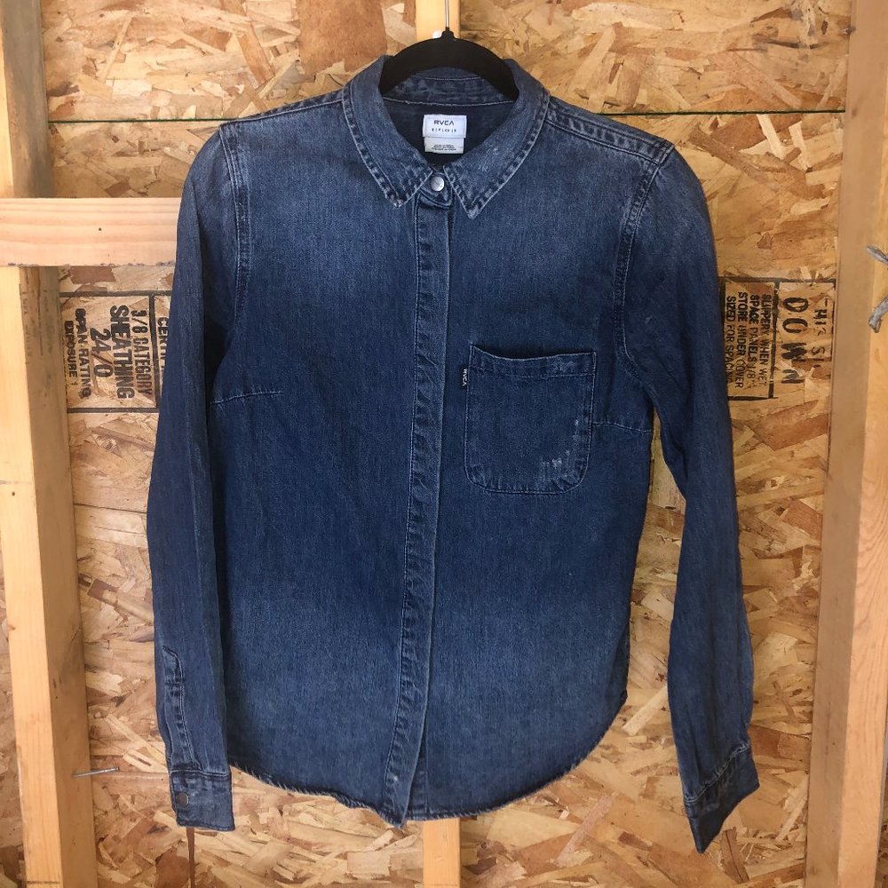 RVCA Denim Snap Button Faded Distressed Workwear Shirt XS